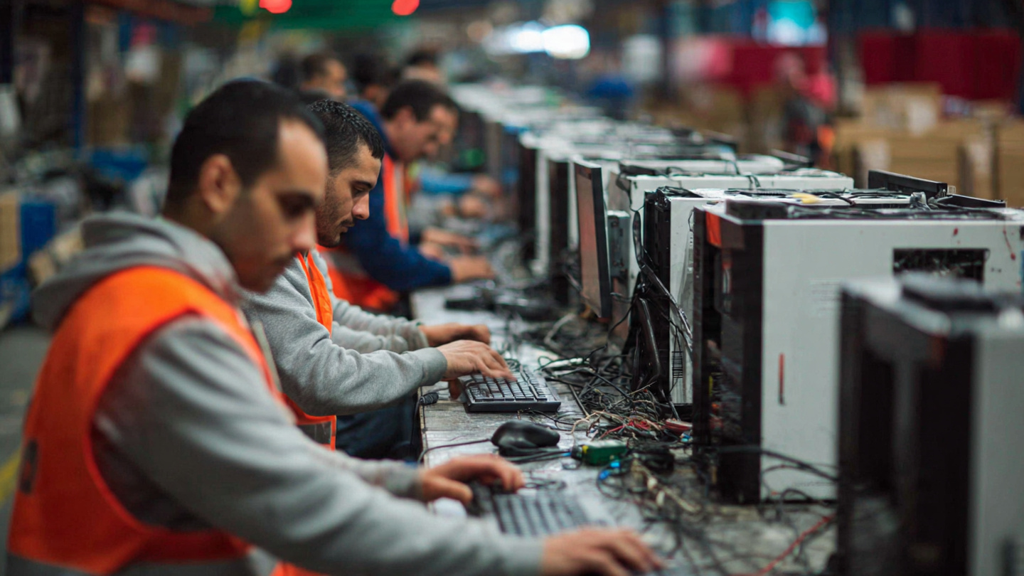 ITAD specialists processing retired computer equipment during a university IT asset disposition and inventory project in Cairo, Egypt